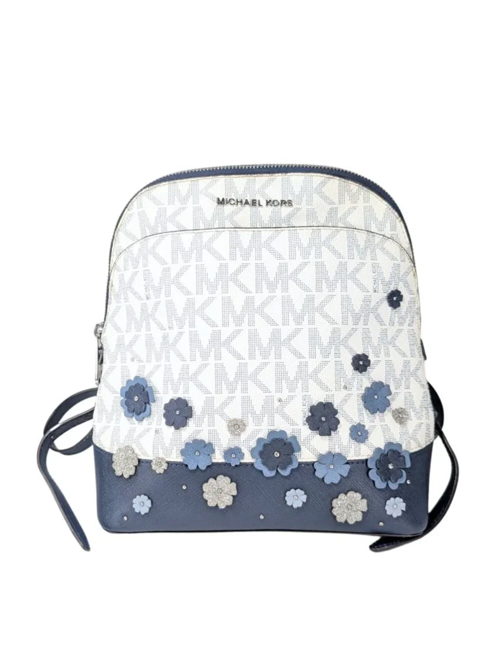 Michael Kors Blue White Signature Emmy PVC Flower Embellished Small Backpack